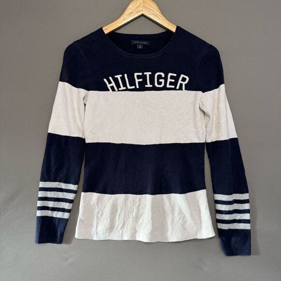 Tommy Hilfiger Women’s Blue/White Striped Knit Sweater Size Medium Cotton - Picture 1 of 14
